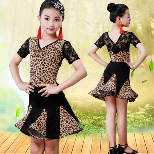 Girls black with leopard latin dance dresses stage performance rumba salsa chacha dance leotard top and skirts